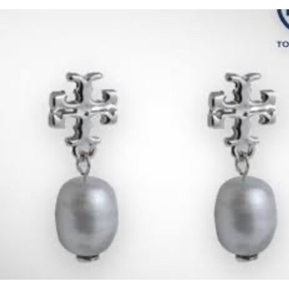 Tory Burch Logo Pearl Drop Down Earrings in Silver / Dustbag Included